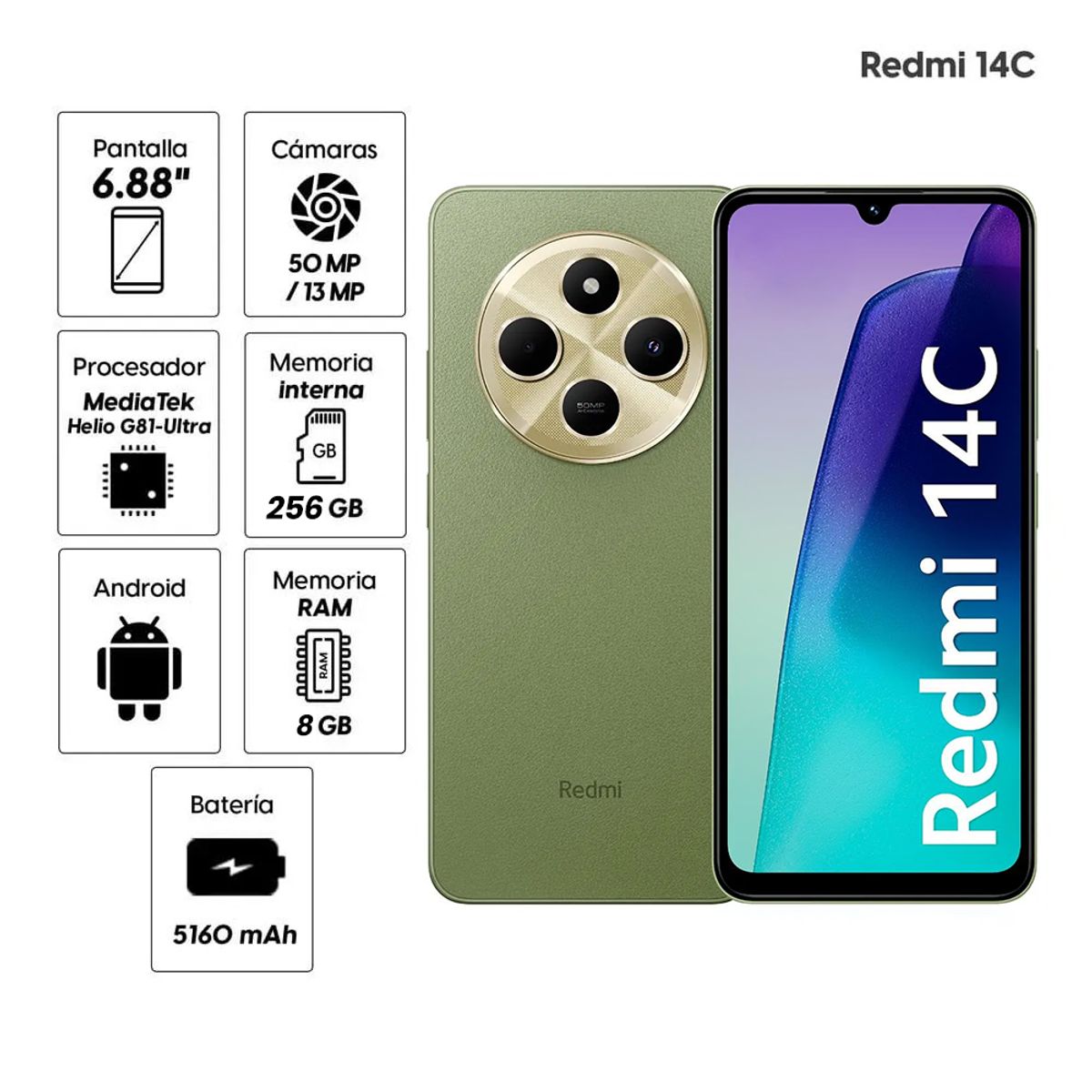 XIAOMI - Celular Xiaomi Redmi 14C 8GB RAM 256GB ROM Verde 4G LTE