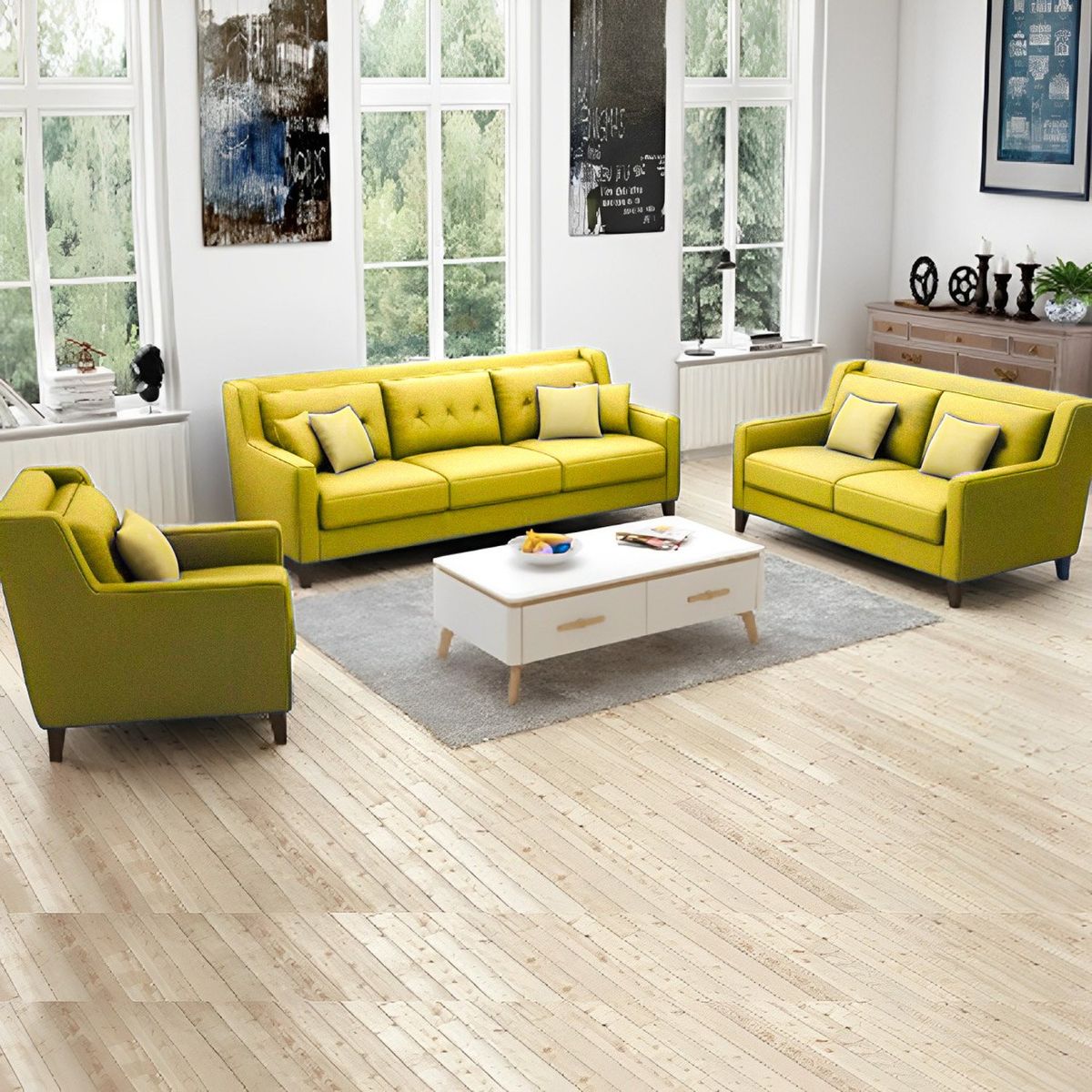 GENERICO - Juego de Sala Barroco 3-2-1 - Amarillo + 5 Cojines de Regalo