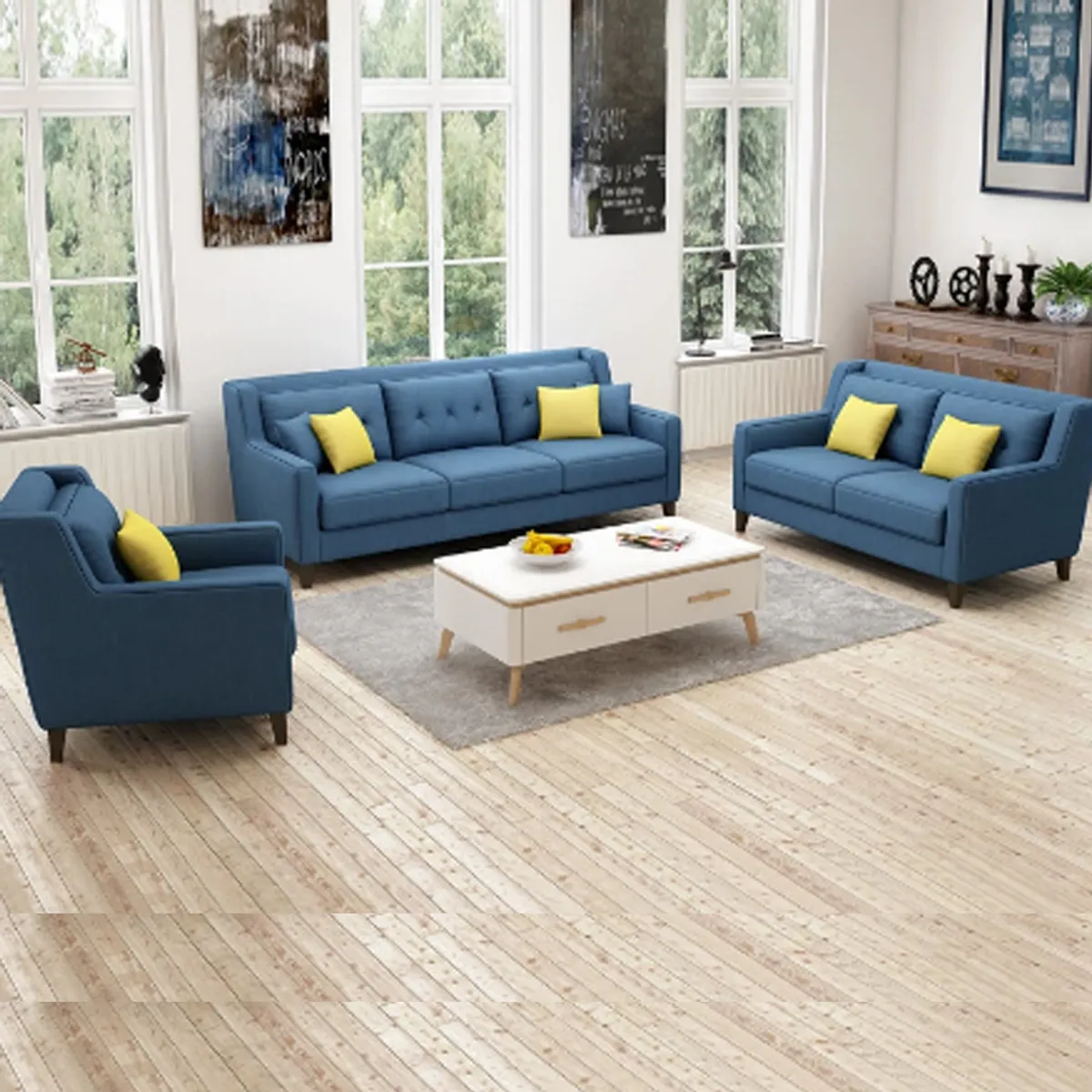 GENERICO - Juego de Sala Barroco 3-2-1 - Azul Claro + 5 Cojines de Regalo