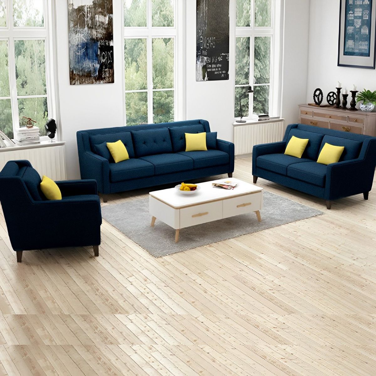 GENERICO - Juego de Sala Barroco 3-2-1 - Azul Oscuro + 5 Cojines de Regalo