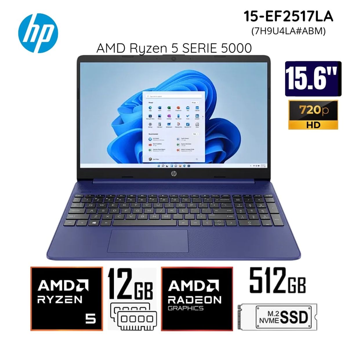 HP - Laptop HP AMD Ryzen 5 5500U 12GB RAM 512GB SSD 15.6" FHD 15-EF2517LA