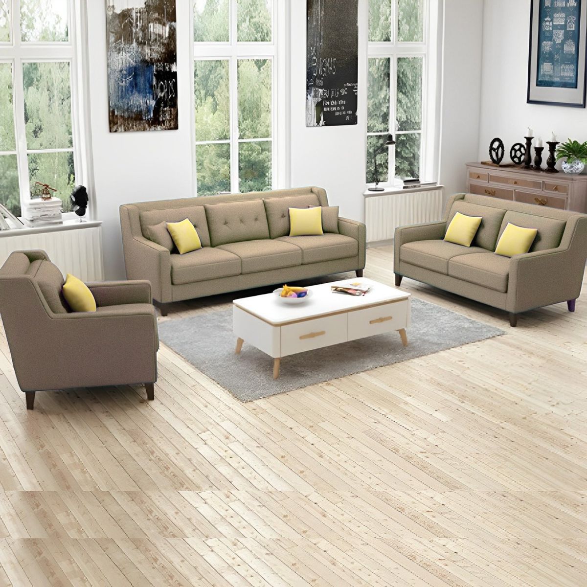 GENERICO - Juego de Sala Barroco 3-2-1 - Beige + 5 Cojines de Regalo