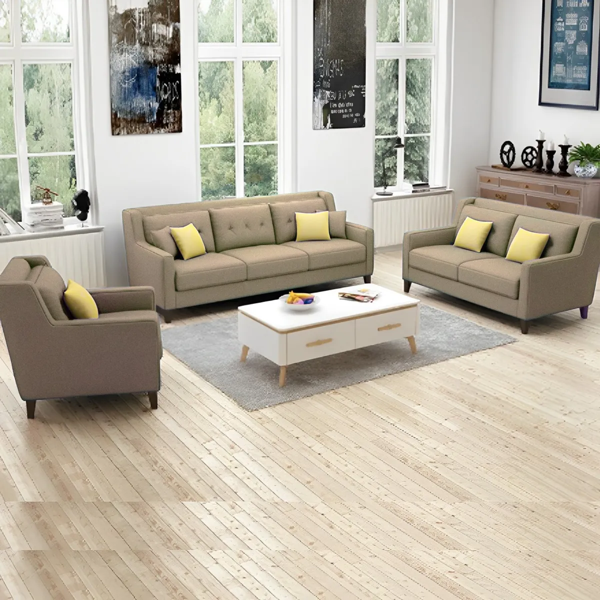 GENERICO - Juego de Sala Barroco 3-2-1 - Beige + 5 Cojines de Regalo