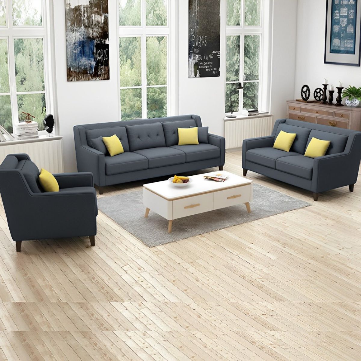 GENERICO - Juego de Sala Barroco 3-2-1 - Gris + 5 Cojines de Regalo