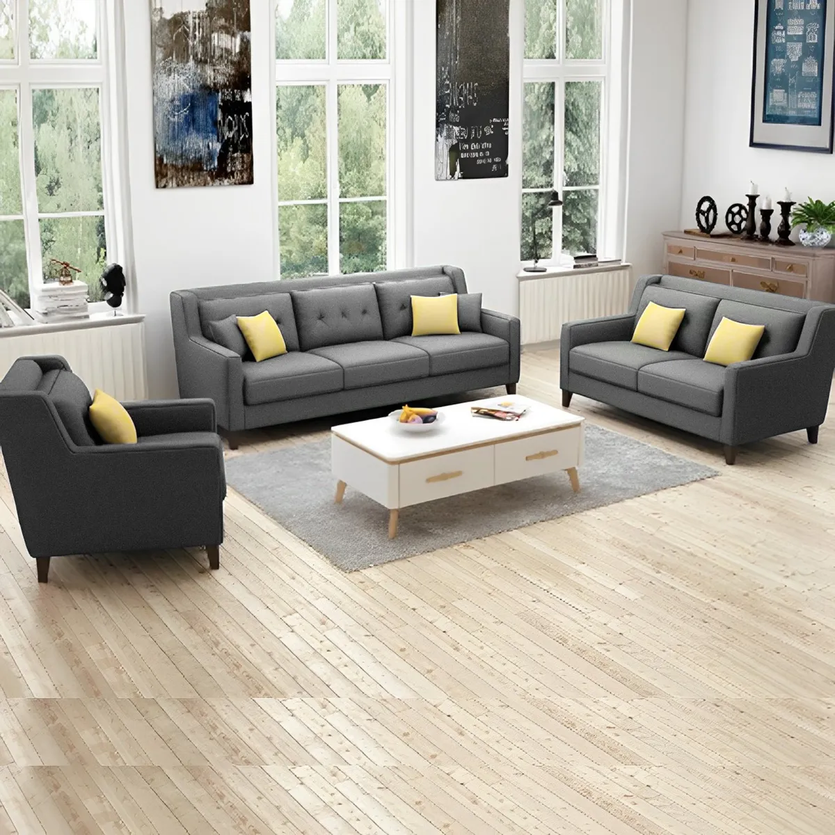 GENERICO - Juego de Sala Barroco 3-2-1 - Gris Claro + 5 Cojines de Regalo