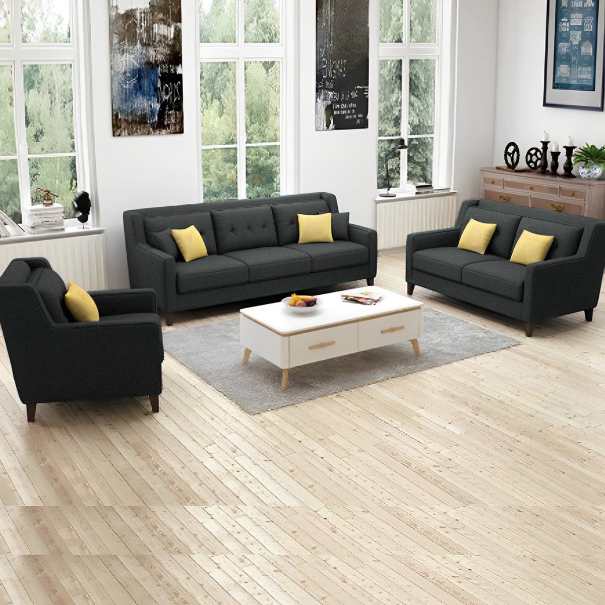 GENERICO - Juego de Sala Barroco 3-2-1 - Gris Oscuro + 5 Cojines de Regalo