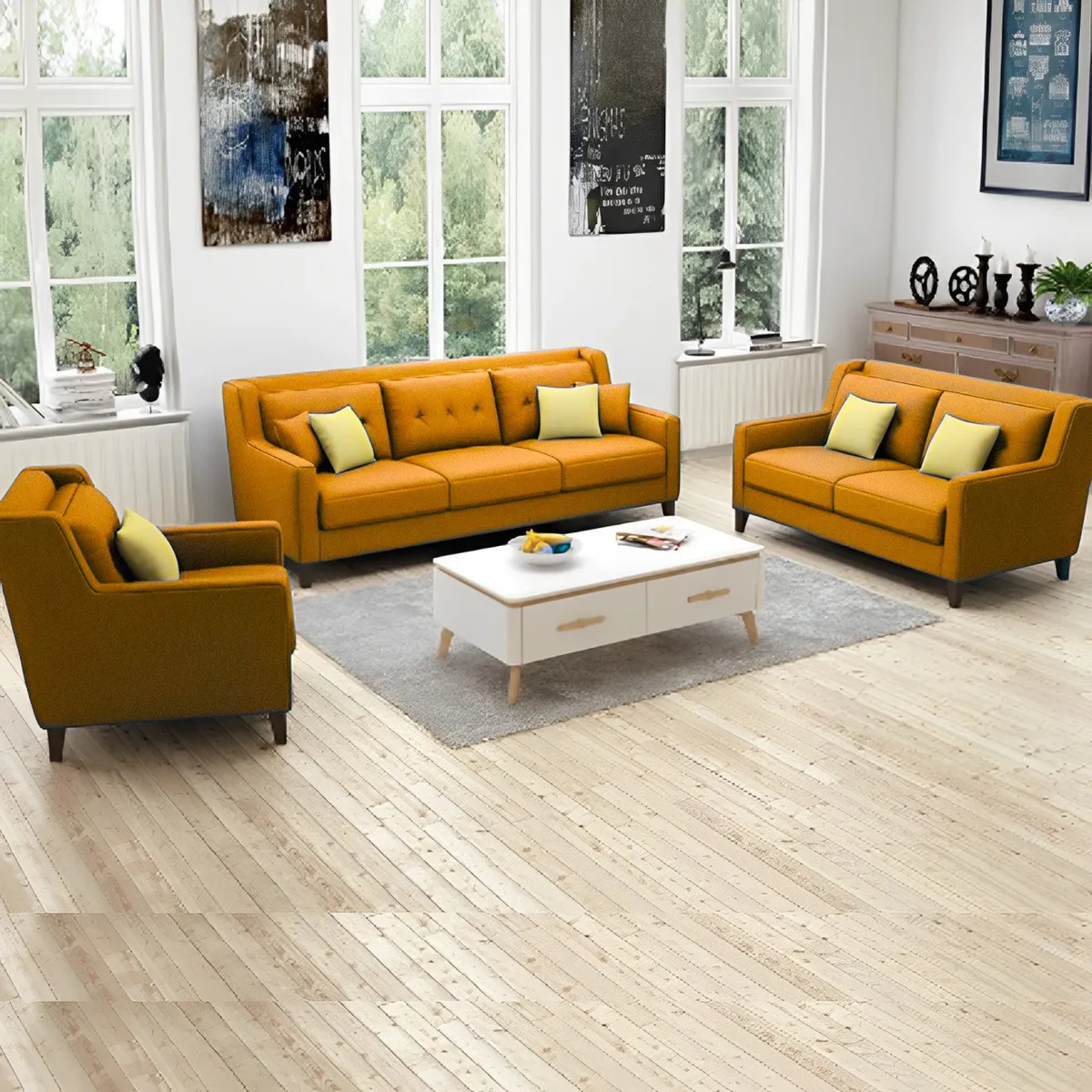 GENERICO - Juego de Sala Barroco 3-2-1 - Mostaza + 5 Cojines de Regalo