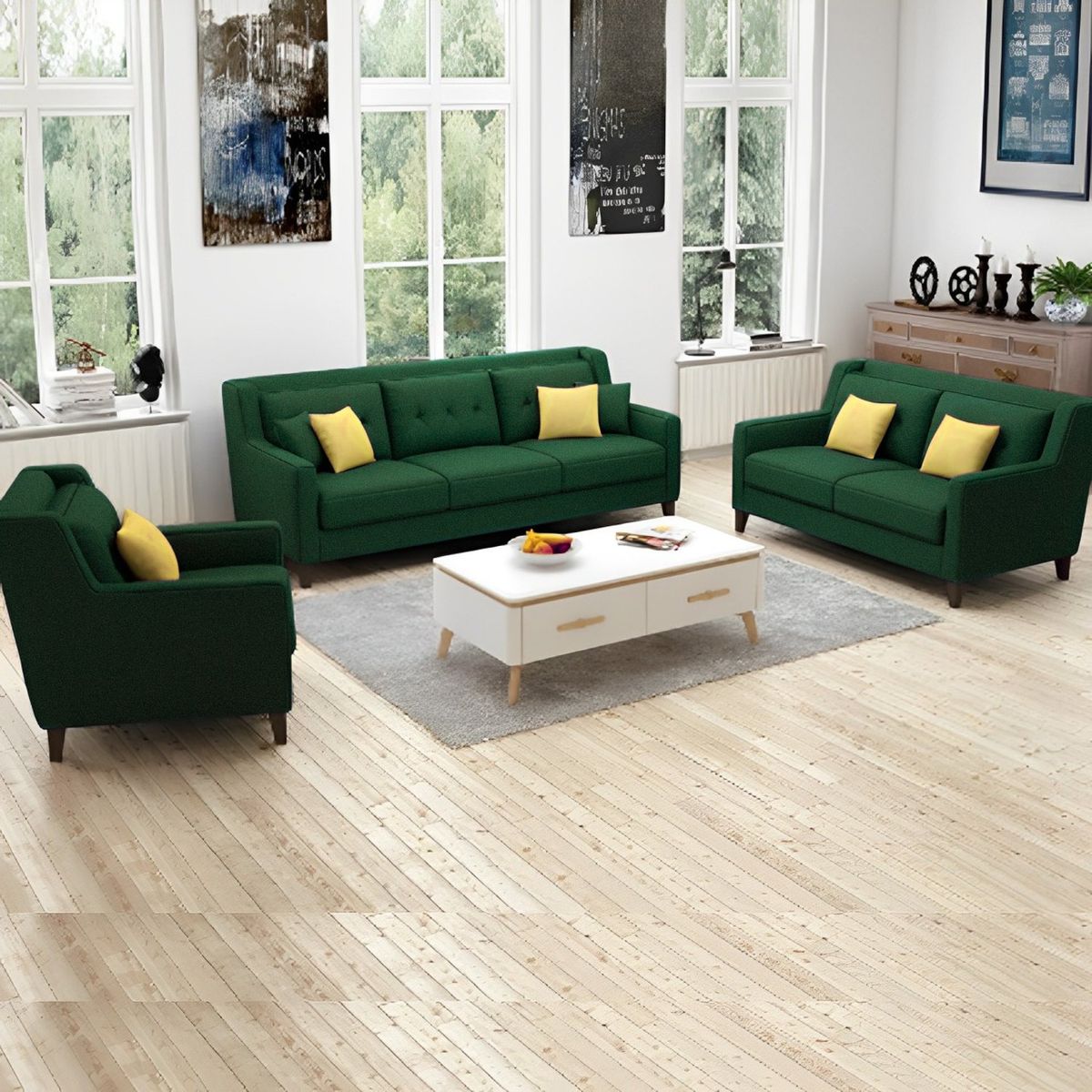 GENERICO - Juego de Sala Barroco 3-2-1 - Verde + 5 Cojines de Regalo