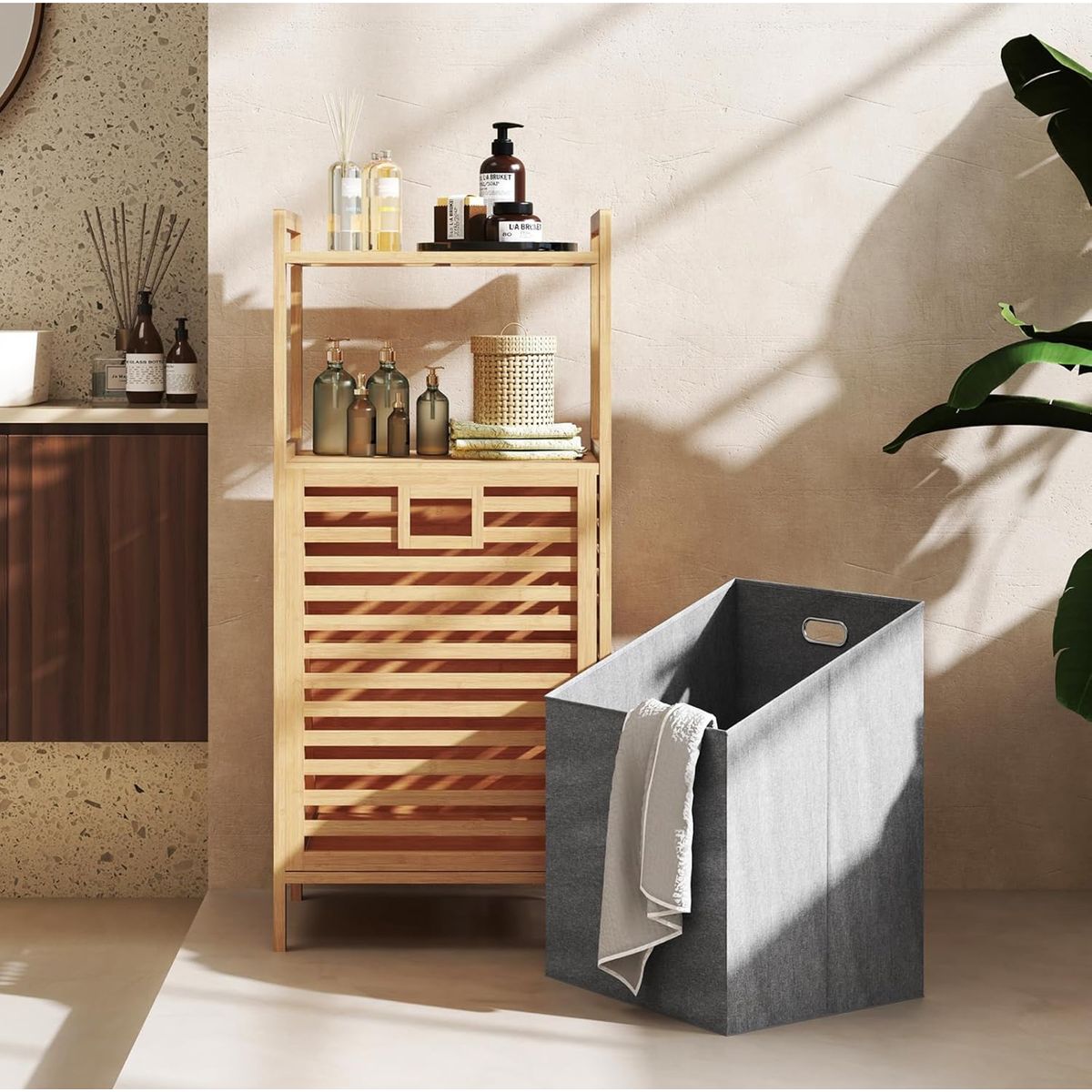 GENERICO - MUEBLE ORGANIZADOR BAMBU CON CESTA DE ROPA