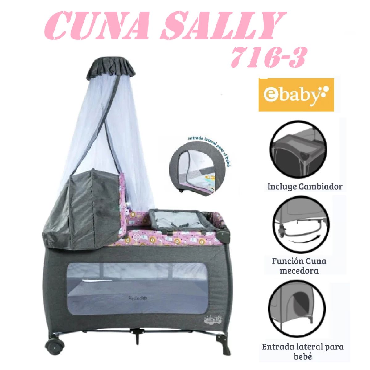 EBABY - Nueva Cuna Corral Cambiador Ebaby Sally -Rosado