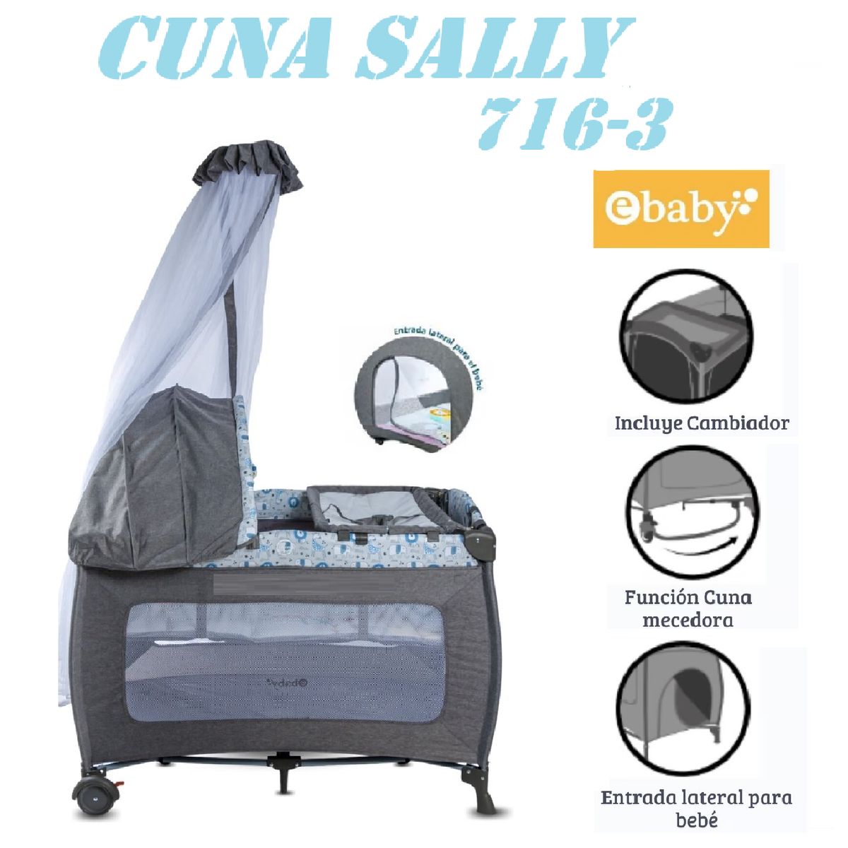 EBABY - Nueva Cuna Corral Cambiador Ebaby Sally -Gris