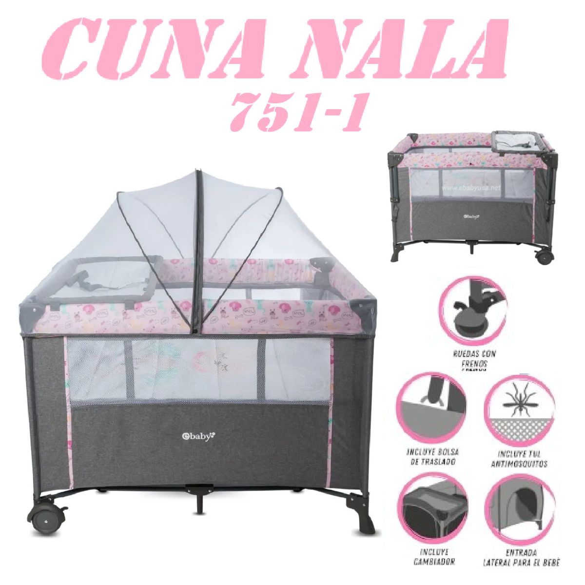 EBABY - Nueva Cuna Colecho de Lujo Cambiador Nala -Rosa