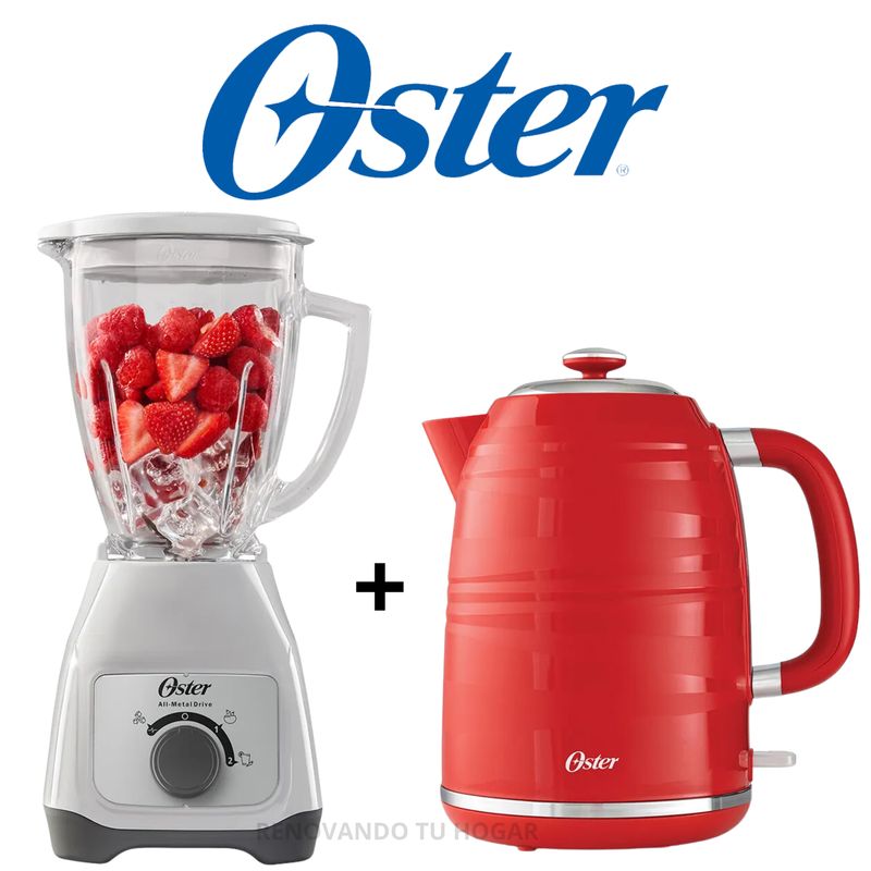 OSTER - Combo Oster licuadora 2 vel Blanco de 1.5 L+ hervidora rojo de 1.7 L