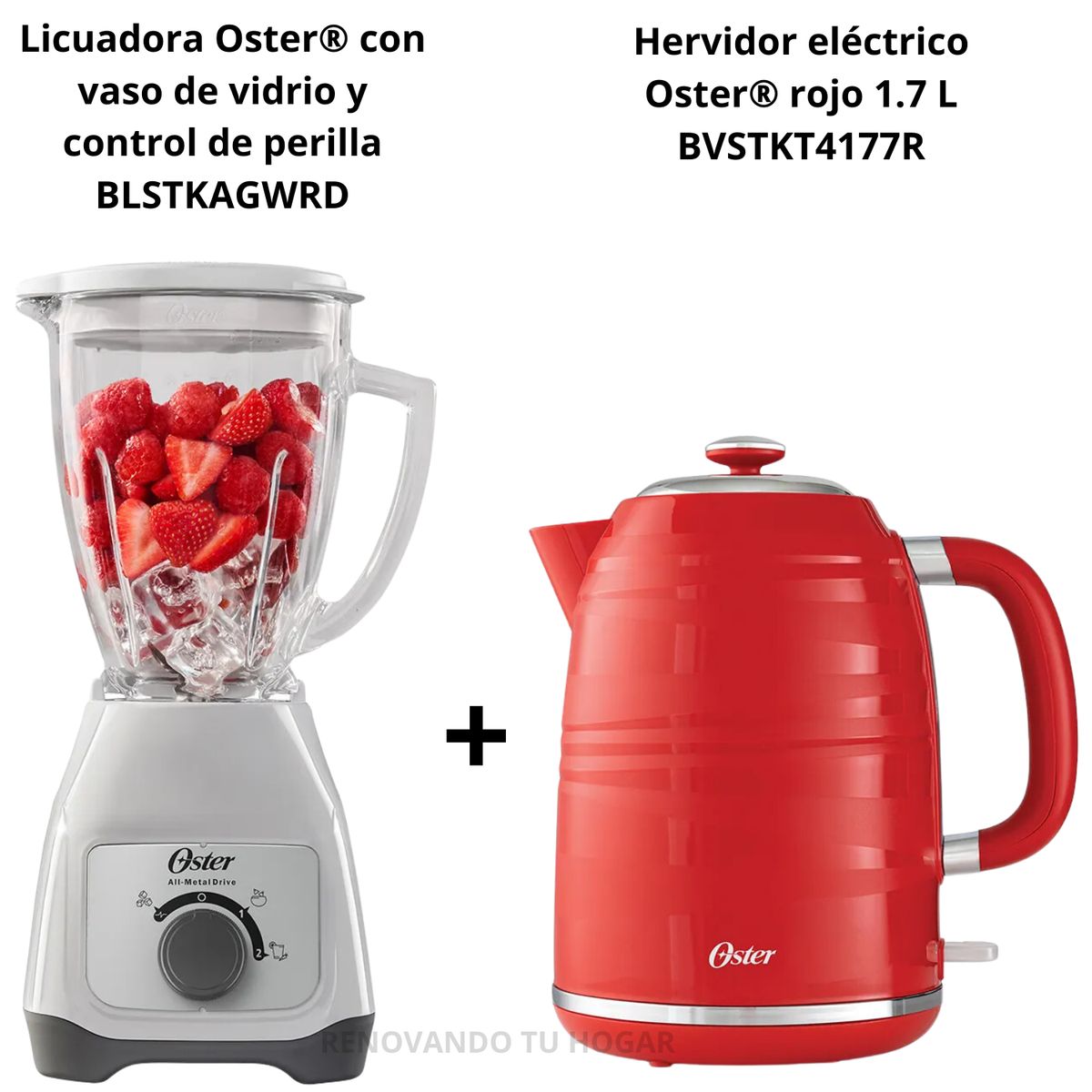 OSTER - Combo Oster licuadora 2 vel Blanco de 1.5 L+ hervidora rojo de 1.7 L