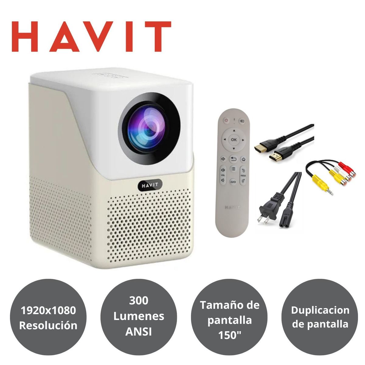 HAVIT - Proyector HAVIT PJ216A PRO  300 ANSI Lumens 4K 150" HDMI Beige