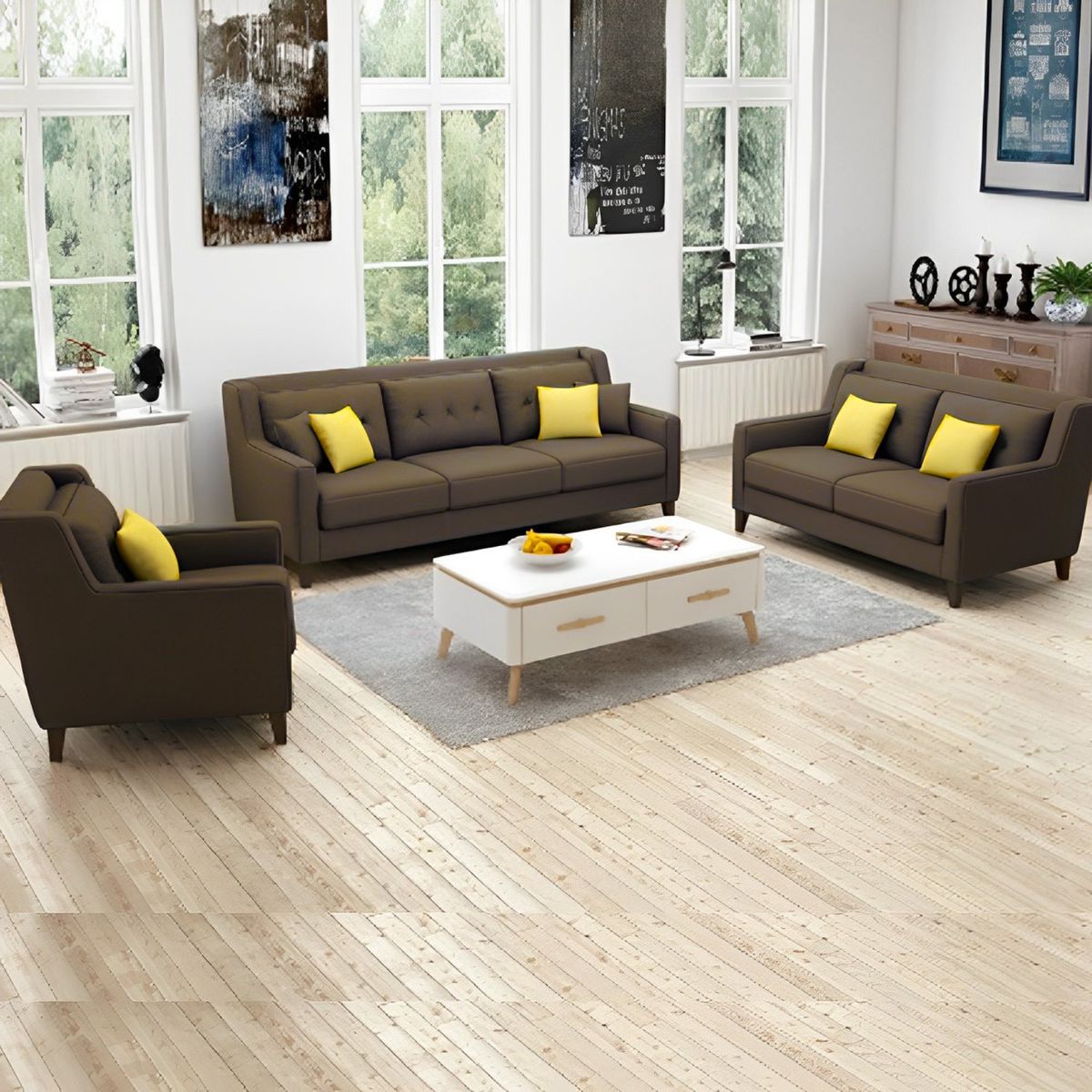 GENERICO - Juego de Sala Barroco 3-2-1 - Marrón + 5 Cojines de Regalo