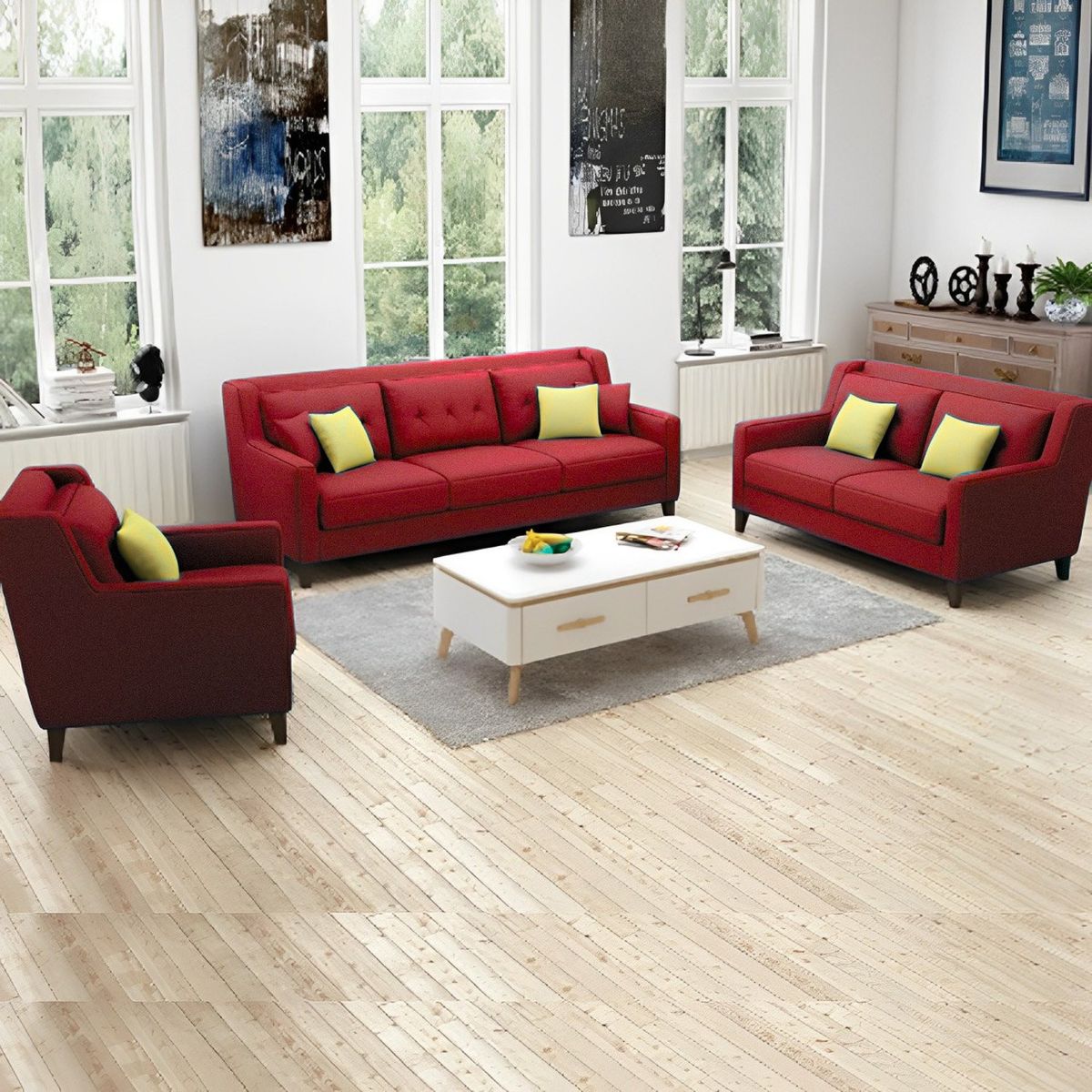 GENERICO - Juego de Sala Barroco 3-2-1 - Rojo + 5 Cojines de Regalo