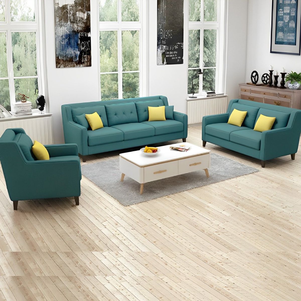 GENERICO - Juego de Sala Barroco 3-2-1 - Turquesa + 5 Cojines de Regalo