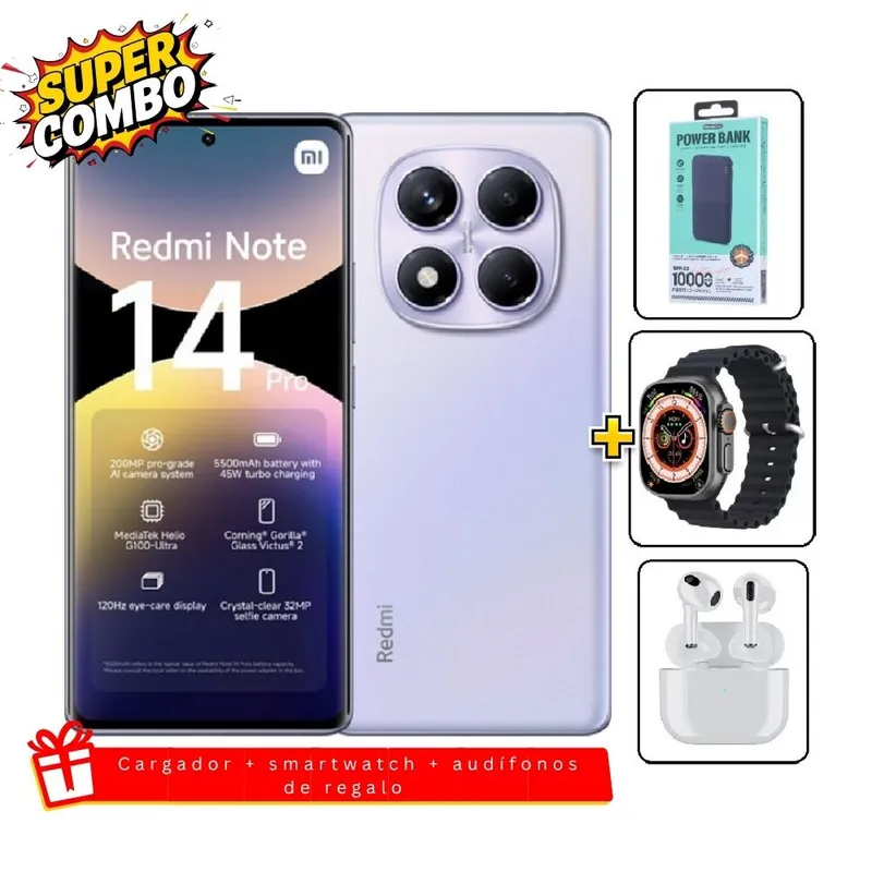 XIAOMI - Xiaomi Redmi Note 14 Pro 4G 256GB Purpura + Cargador 10000mAh + Smartwatch + Audifonos