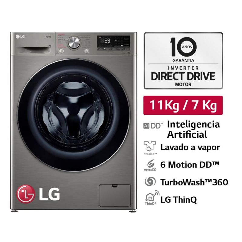 LG - Lavaseca LG 11Kg7Kg AI DD Carga Frontal Plateada WD11PVC3S6C