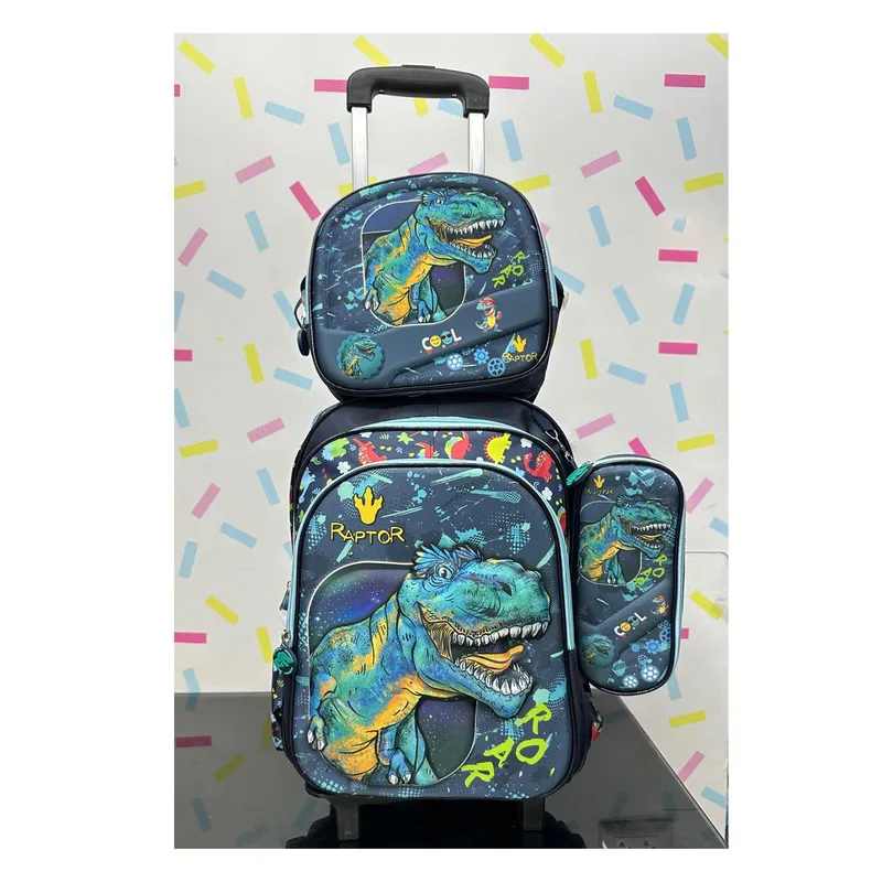 GENERICO - Set Mochila Lonchera Cartuchera Luces Ruedas Eva 3D Dinosaurio