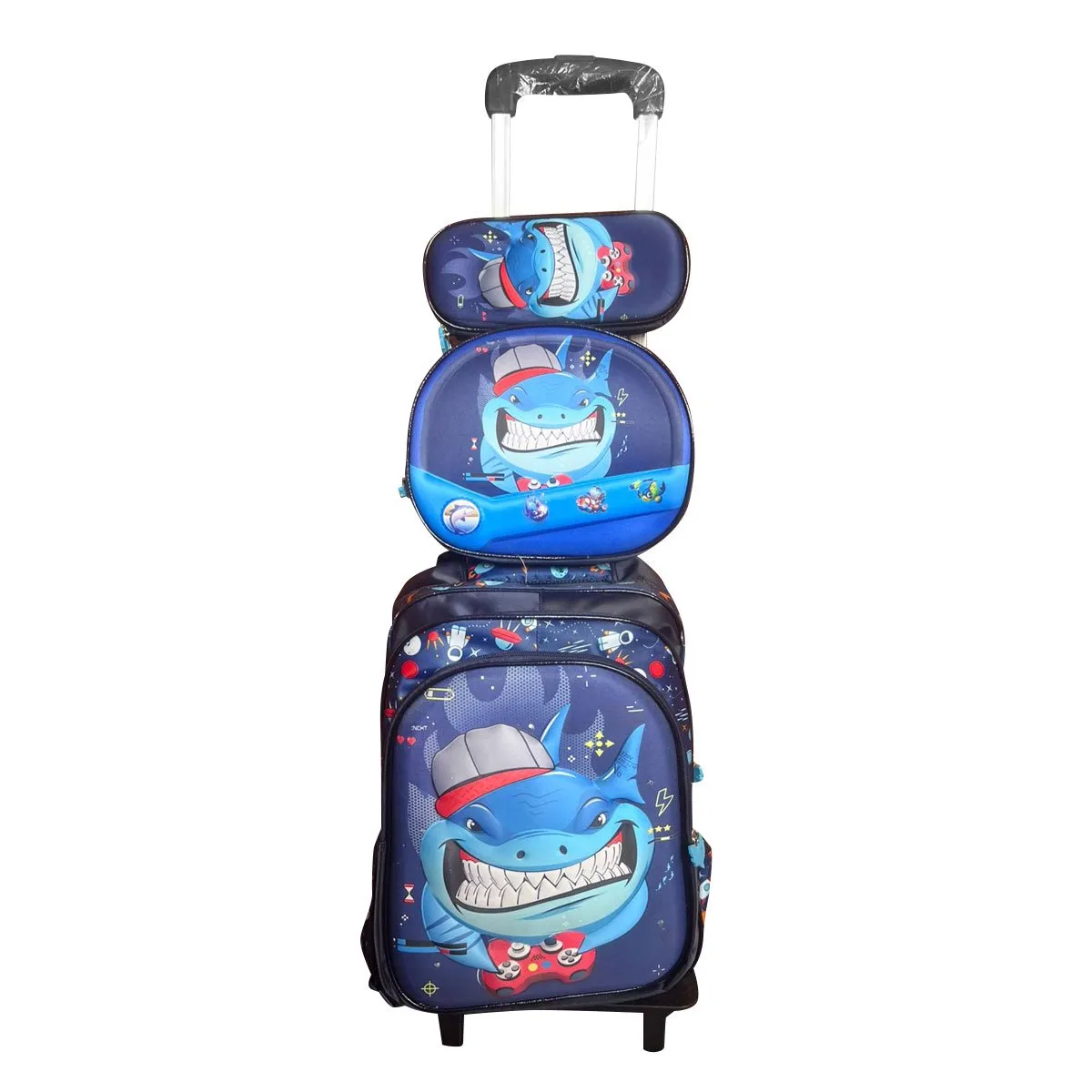 GENERICO - Set Mochila Lonchera Cartuchera Luces Ruedas Eva 3D Tiburon