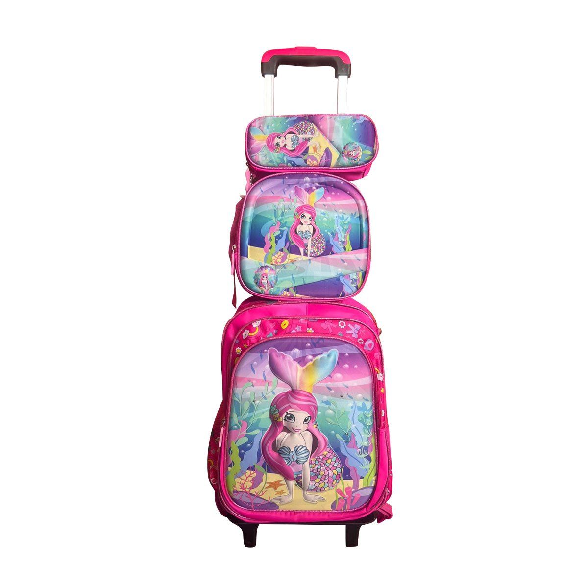 GENERICO - Set Mochila Lonchera Cartuchera Luces Ruedas Eva 3D Sirena