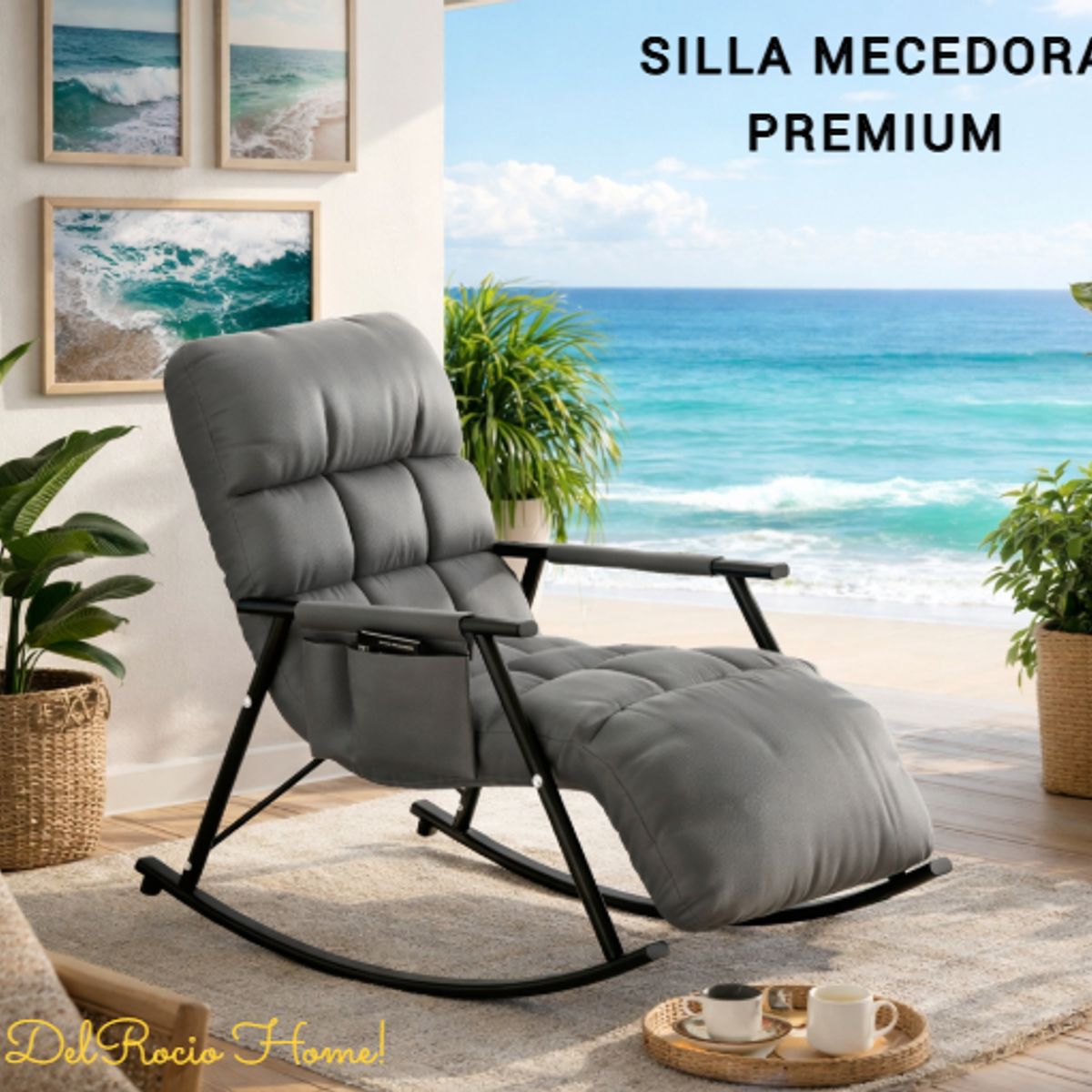 GENERICO - SILLA MECEDORA SILLÓN SOFÁ RECLINABLE TERRAZA PREMIUM GRIS ACERO AL CARBONO