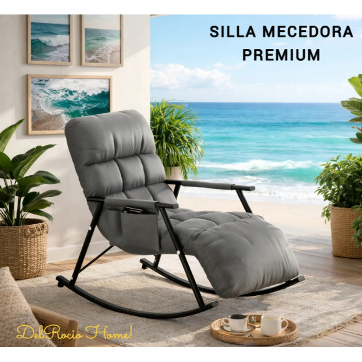 GENERICO - SILLA MECEDORA SILLÓN SOFÁ RECLINABLE TERRAZA PREMIUM GRIS ACERO AL CARBONO