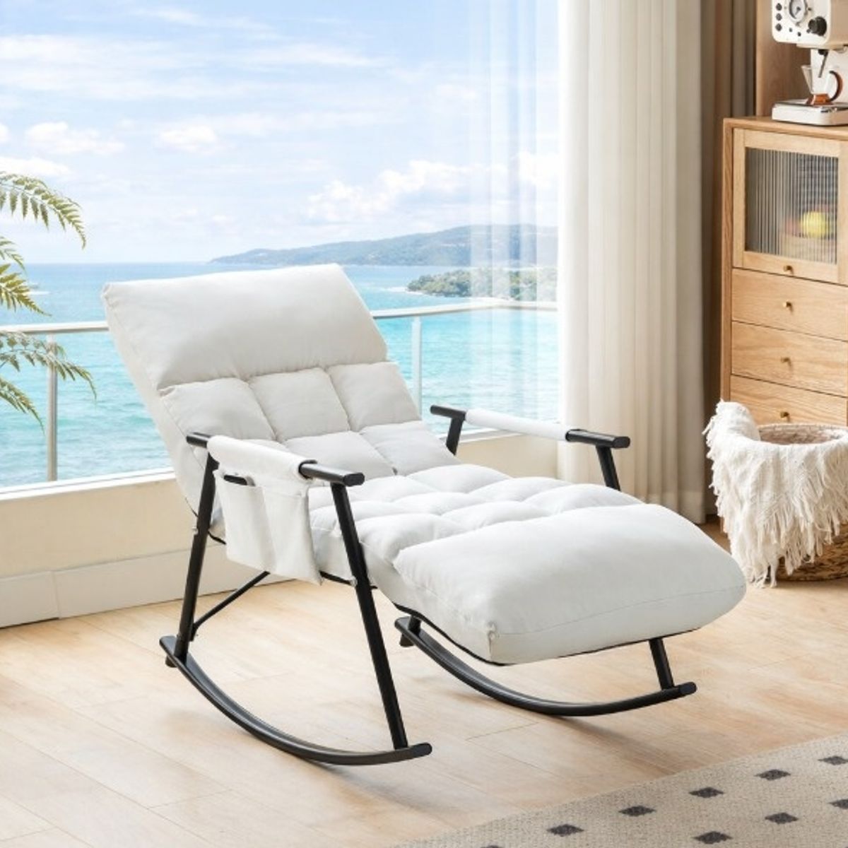 GENERICO - SILLA MECEDORA SILLÓN SOFÁ RECLINABLE TERRAZA PREMIUM BEIGE ACERO AL CARBONO