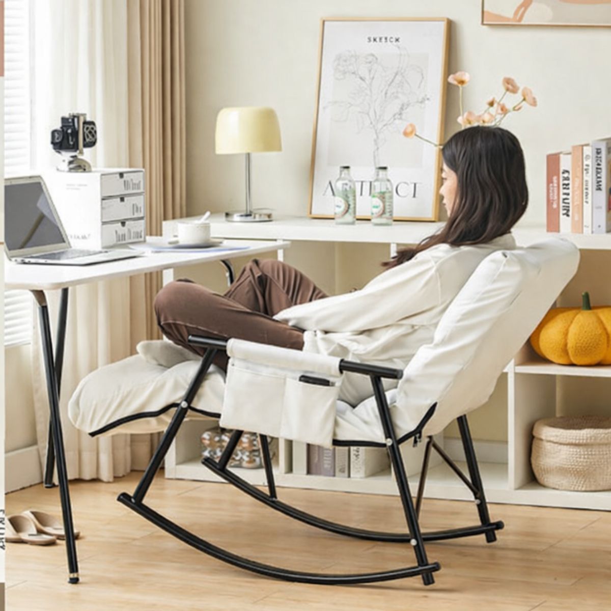 GENERICO - SILLA MECEDORA SILLÓN SOFÁ RECLINABLE TERRAZA PREMIUM BEIGE ACERO AL CARBONO