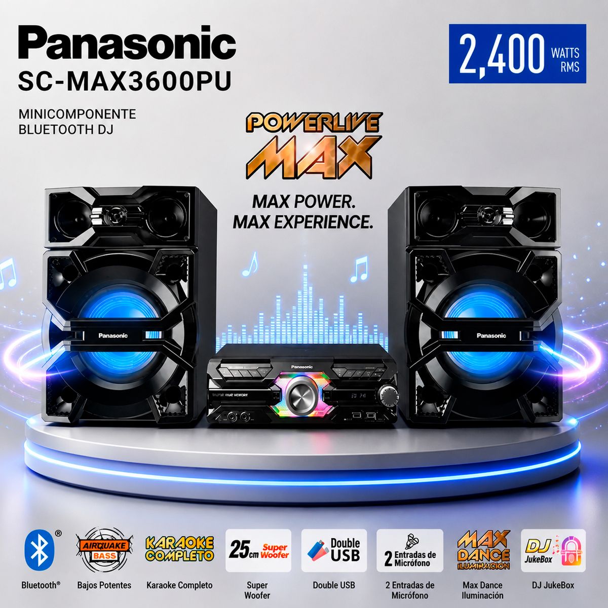 PANASONIC - Minicomponente Panasonic SC-MAX3600PU 2400 Watts Bluetooth DJ - Negro