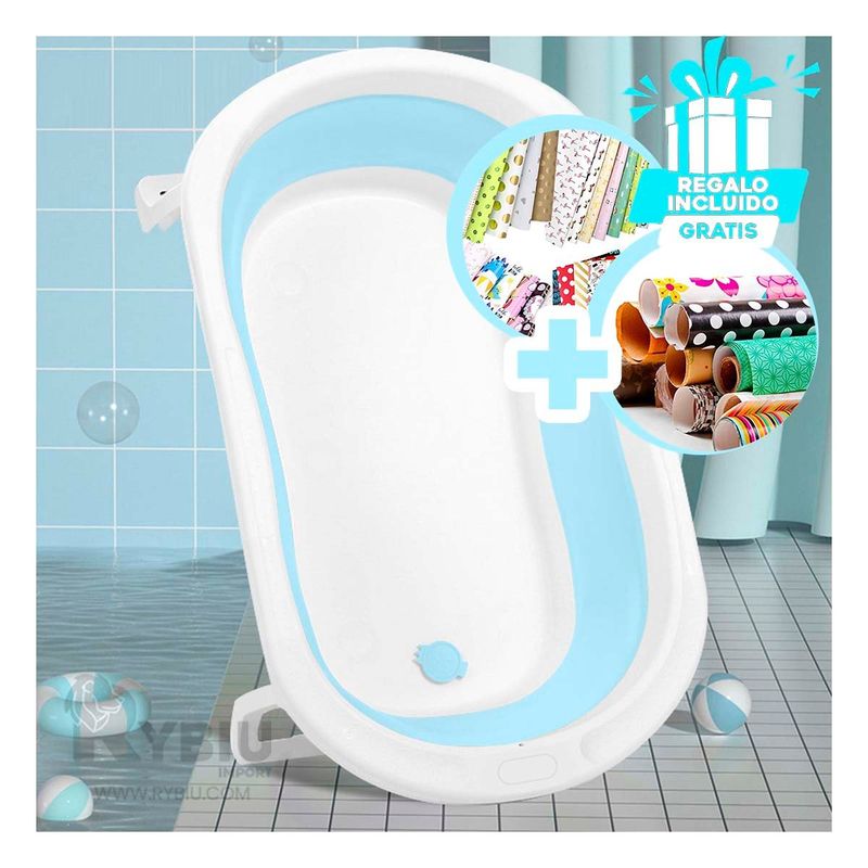 GENERICO - Bañera para Bebe Plegable en Color Celeste Y+Papel de Regalo