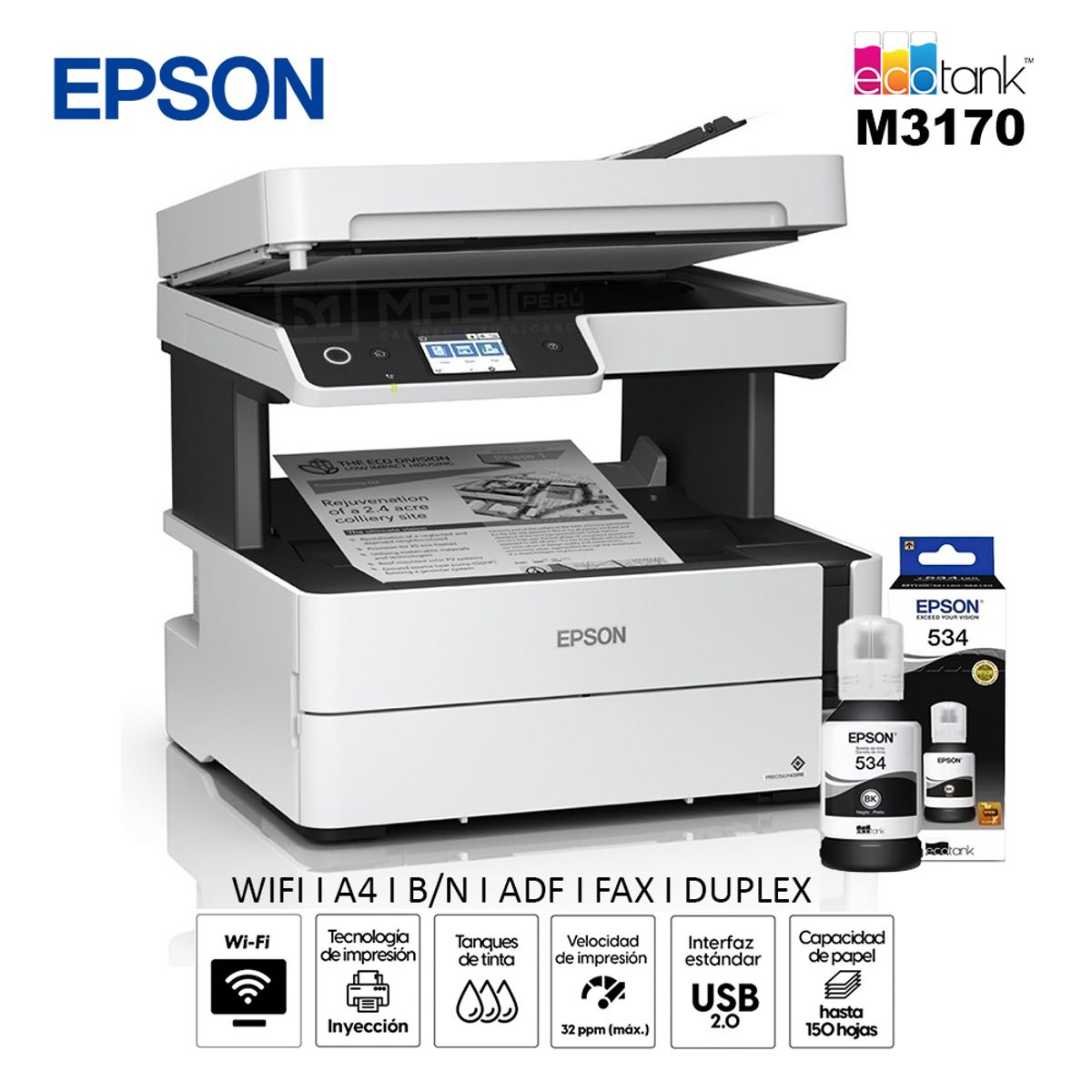 EPSON - Impresora Multifuncional Monocromatica Epson M3170 Duplex WIFI Red ADF