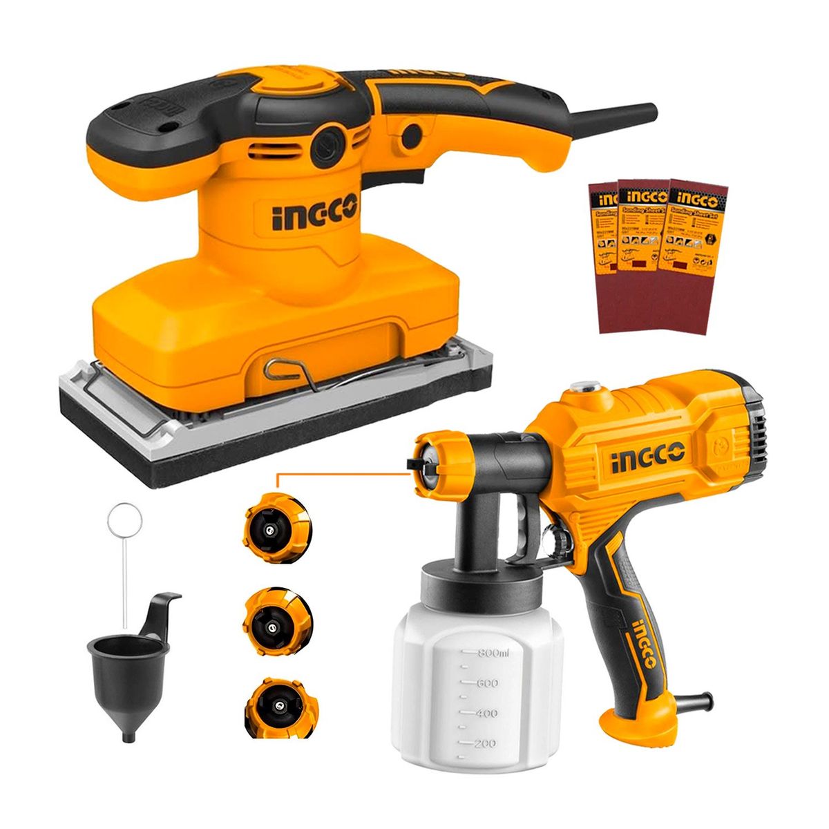 INGCO TOOLS - PISTOLA DE PINTAR 450W ELÉCTRICA + LIJADORA ORBITAL 320W