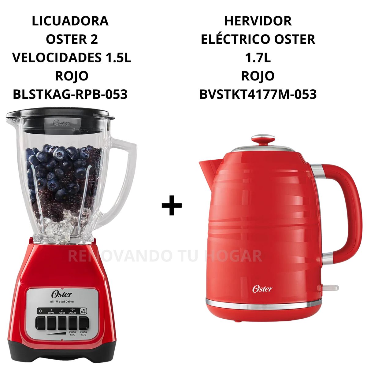 OSTER - Combo Oster licuadora 2 vel rojo de 1.5 L+ hervidora rojo de 1.7 L
