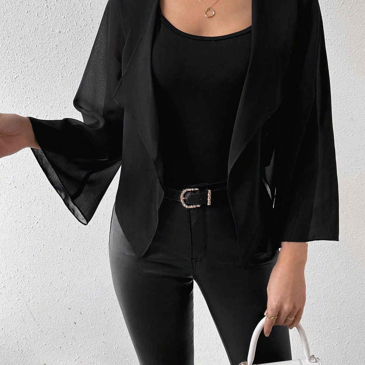 KAST PE - Cardigan Negro capa semitransparente Manga campana Barefoot - Talla L