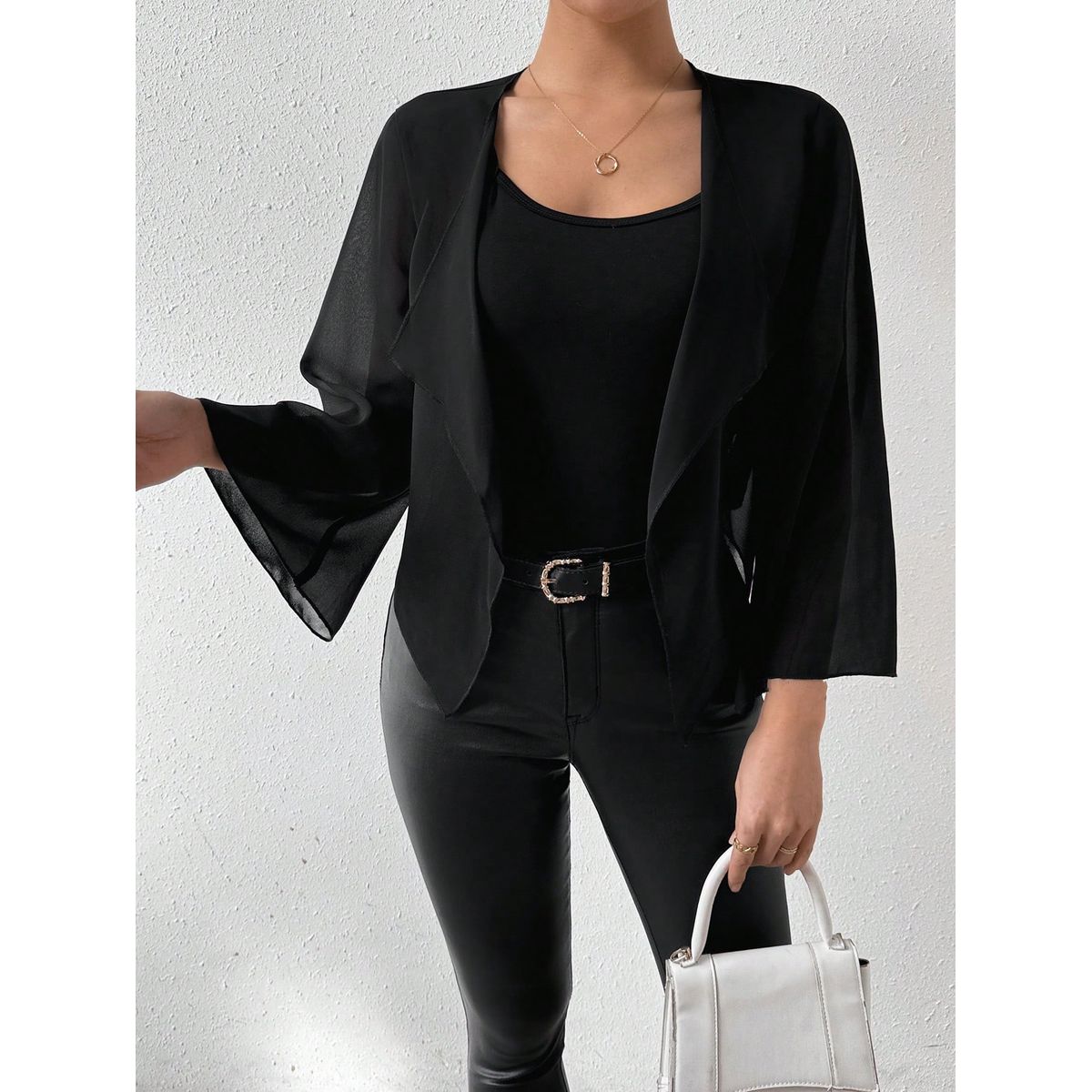 KAST PE - Cardigan Negro capa semitransparente Manga campana Barefoot - Talla L