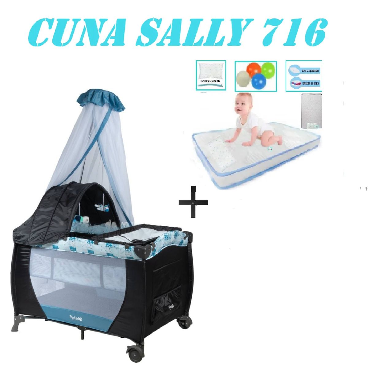 EBABY - Nueva Cuna Corral Sally 716 Colchon Azul -Celeste