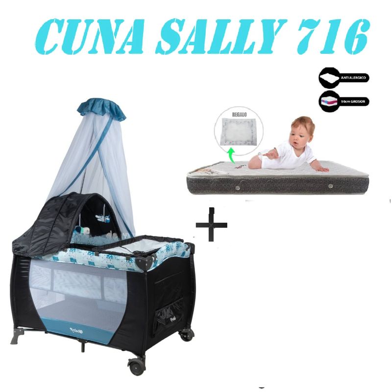 EBABY - Nueva Cuna Corral Sally 716 Colchon Azul -Gris