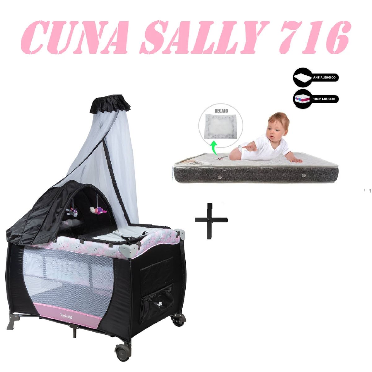 EBABY - Nueva Cuna Corral Sally 716 Colchon Rosa-Gris