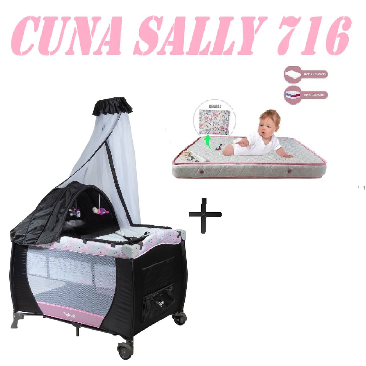 EBABY - Nueva Cuna Corral Sally 716 Colchon Rosa-Rosa