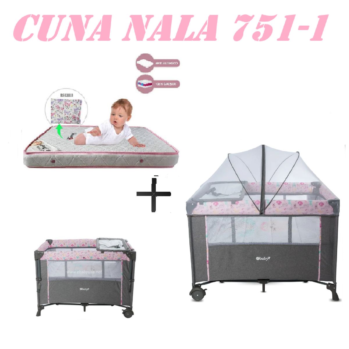 EBABY - Cuna Colecho Cambiador Nala Colchon Rosa -Rosa