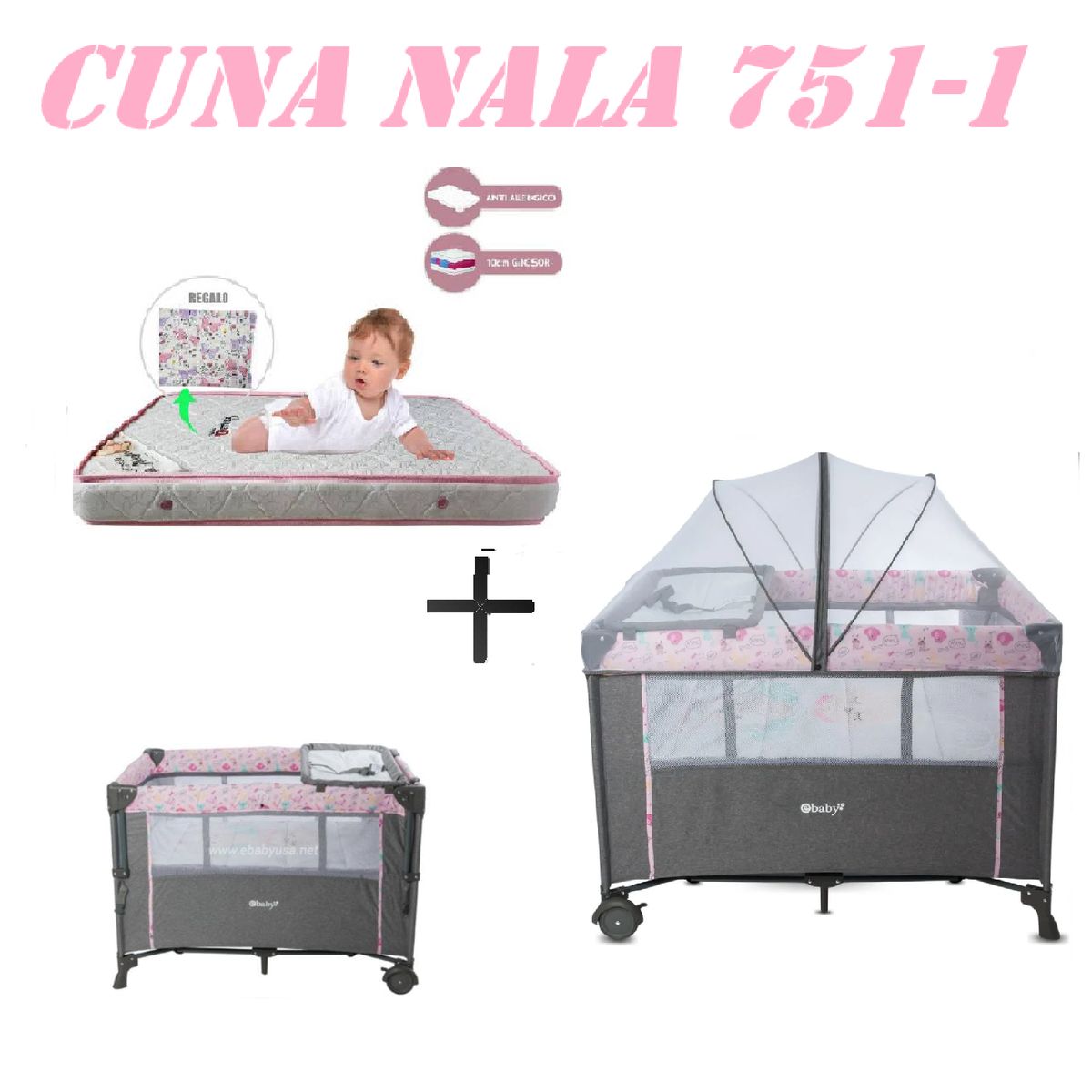 EBABY - Cuna Colecho Cambiador Nala Colchon Rosa -Rosa