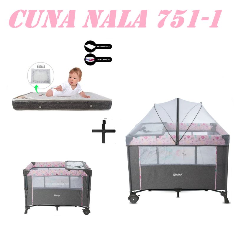 EBABY - Cuna Colecho Cambiador Nala Colchon Rosa -Gris