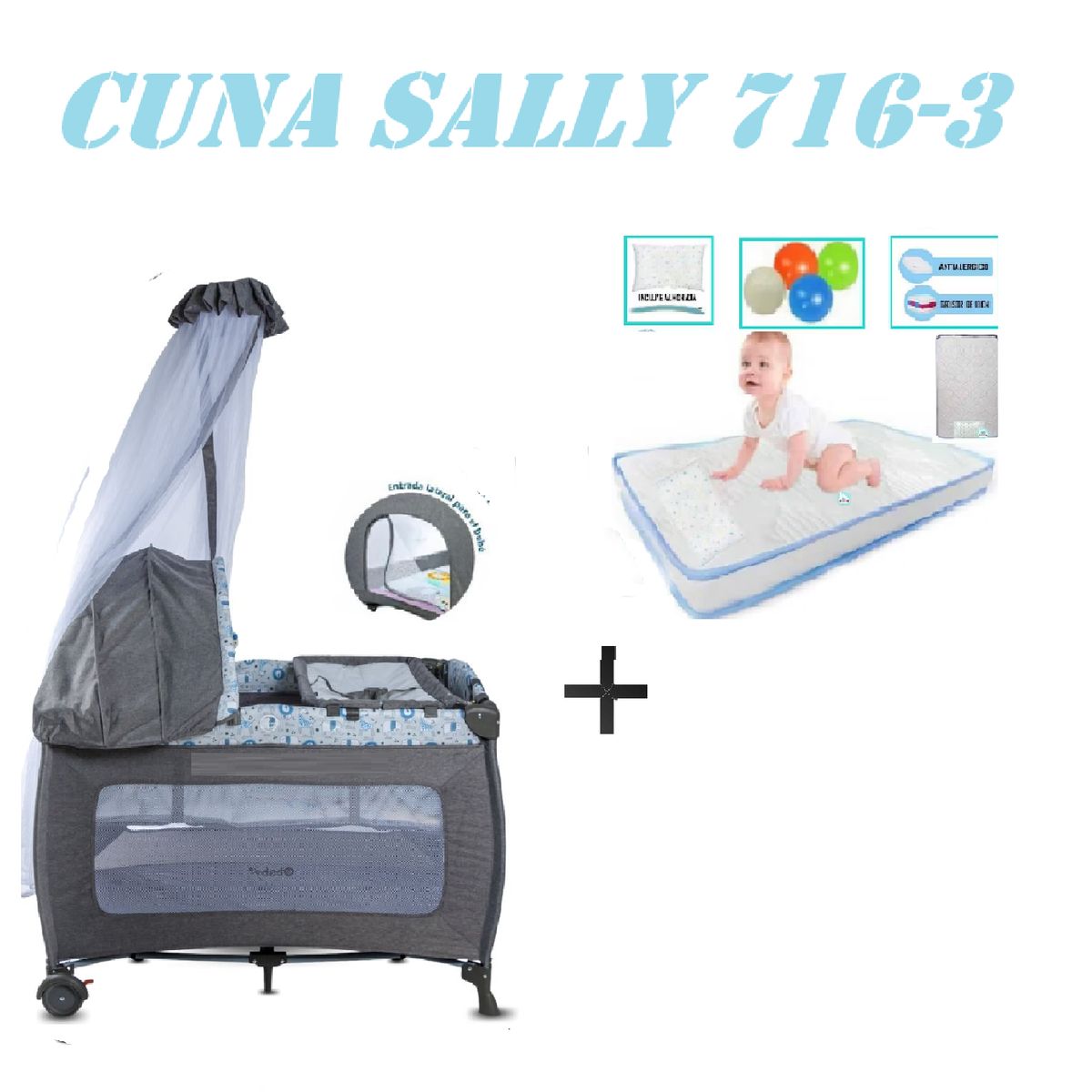 EBABY - Cuna Corral Ebaby 716-3 Sally Colchon Gris-Celeste