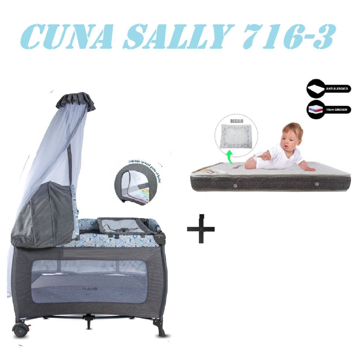 EBABY - Cuna Corral Ebaby 716-3 Sally Colchon Gris-Gris