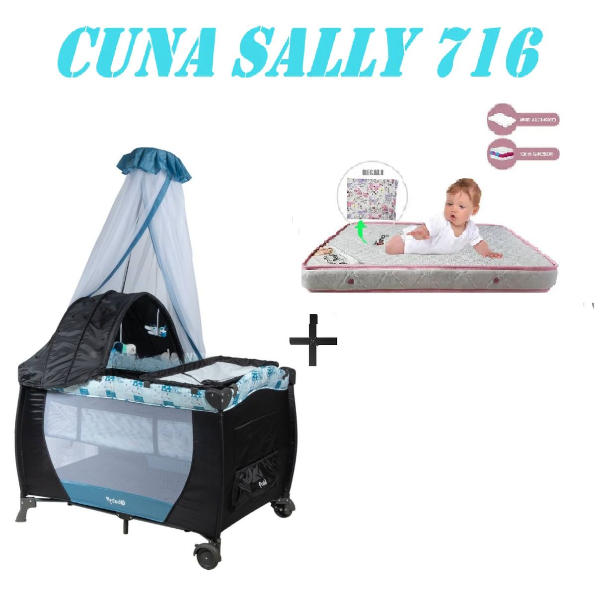 EBABY - Nueva Cuna Corral Sally 716 Colchon Azul -Rosa