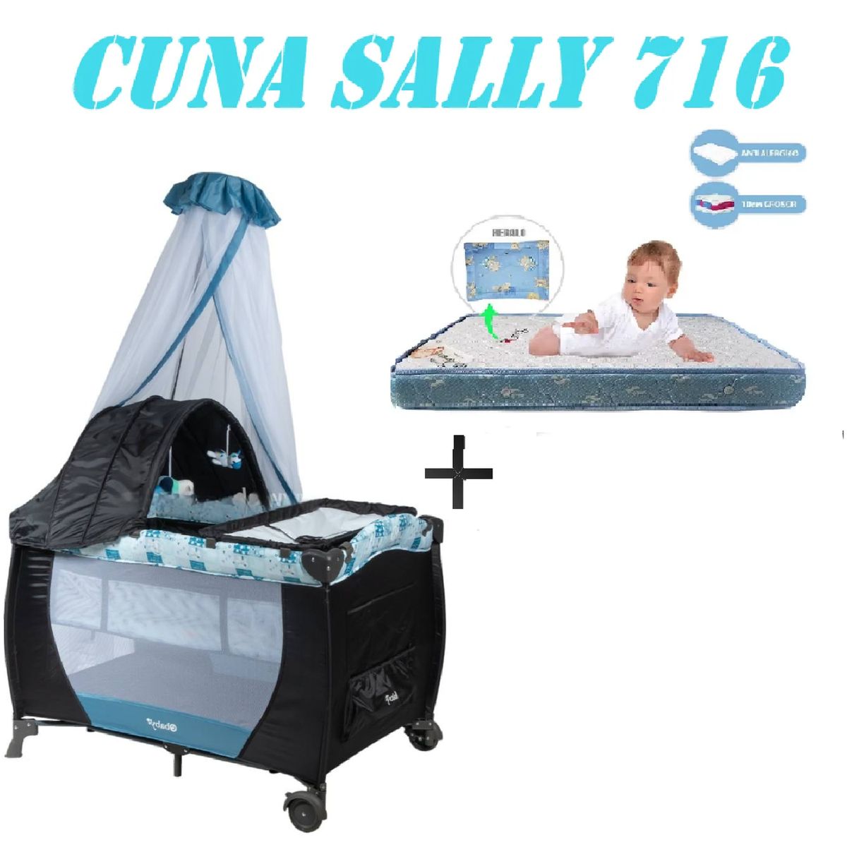 EBABY - Nueva Cuna Corral Sally 716 Colchon Azul -Azul