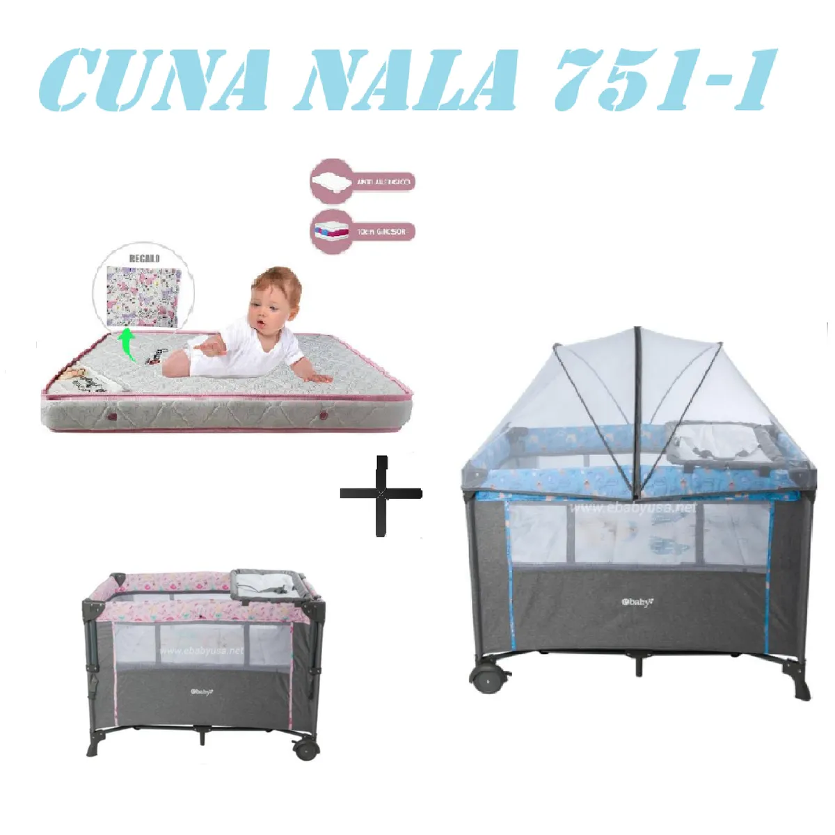 EBABY - Cuna Colecho Cambiador Nala Colchon Azul -Rosa